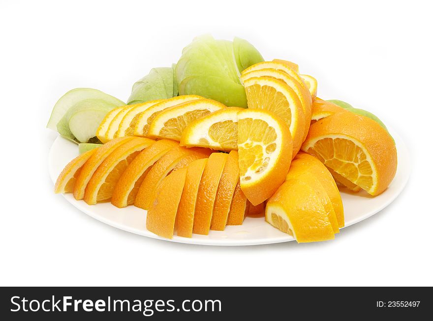 Plate with a slice of oranges on a white background. Plate with a slice of oranges on a white background