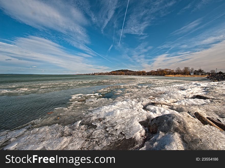Frozen, iced lake of Balaton in winter