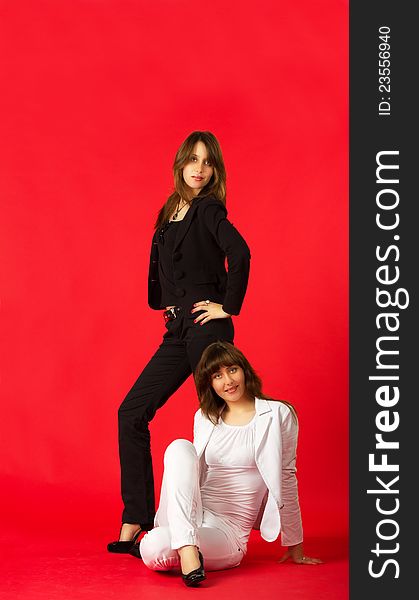 Young pretty sisters twins posing in studio on red background