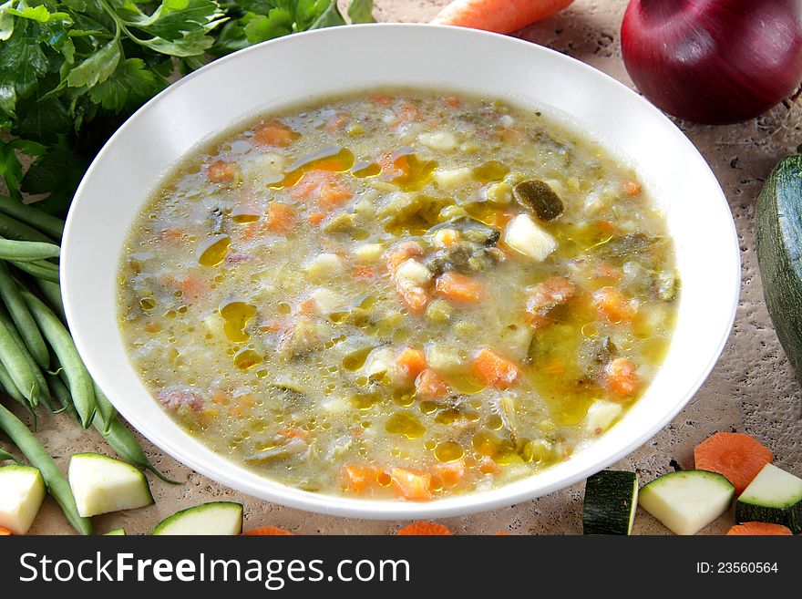 Food composition whit rustic soup. Food composition whit rustic soup