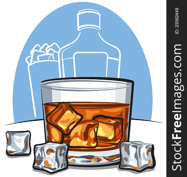 Glass of scotch whiskey and ice cubes