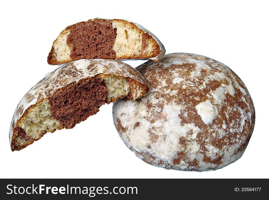 Gingerbread with chocolate and icing isolated on a white background