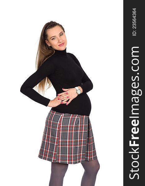 Nice pregnant girl in plaid skirt