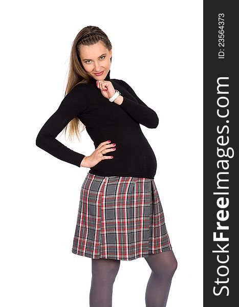 Nice pragnant woman wearing plaid kilt skirt. Nice pragnant woman wearing plaid kilt skirt