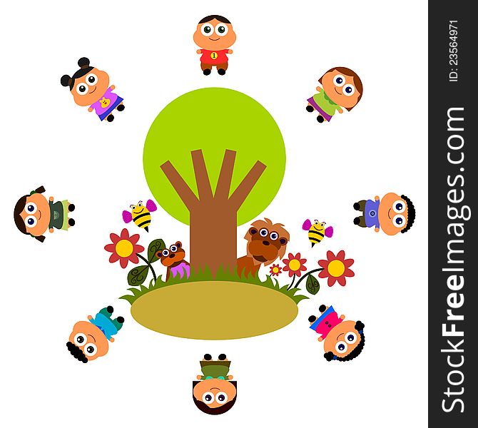 Group of cartoon kids circled around a tree with animals. Group of cartoon kids circled around a tree with animals