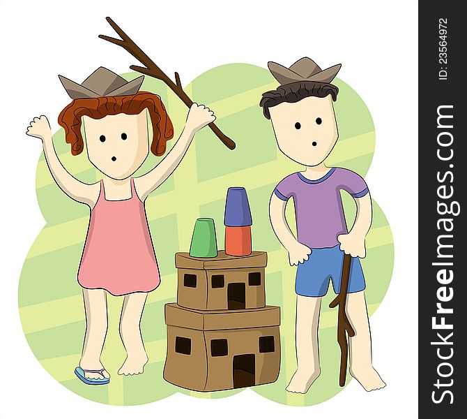Abstract cartoon illustration of two kids playing with their home made castle. Abstract cartoon illustration of two kids playing with their home made castle
