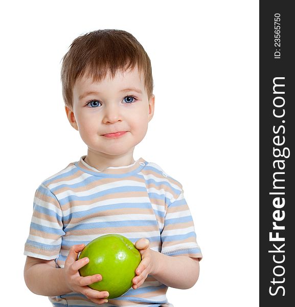 Child holding green apple isolated