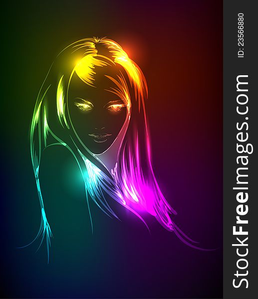 Hand-drawn fashion model from a neon. A light girl's face. Hand-drawn fashion model from a neon. A light girl's face.