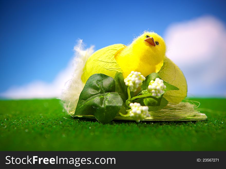 Happy easter chick on the grass