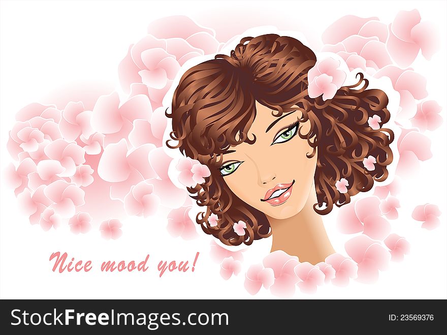 Beautiful Girl on floral background  for congratulation or advertising