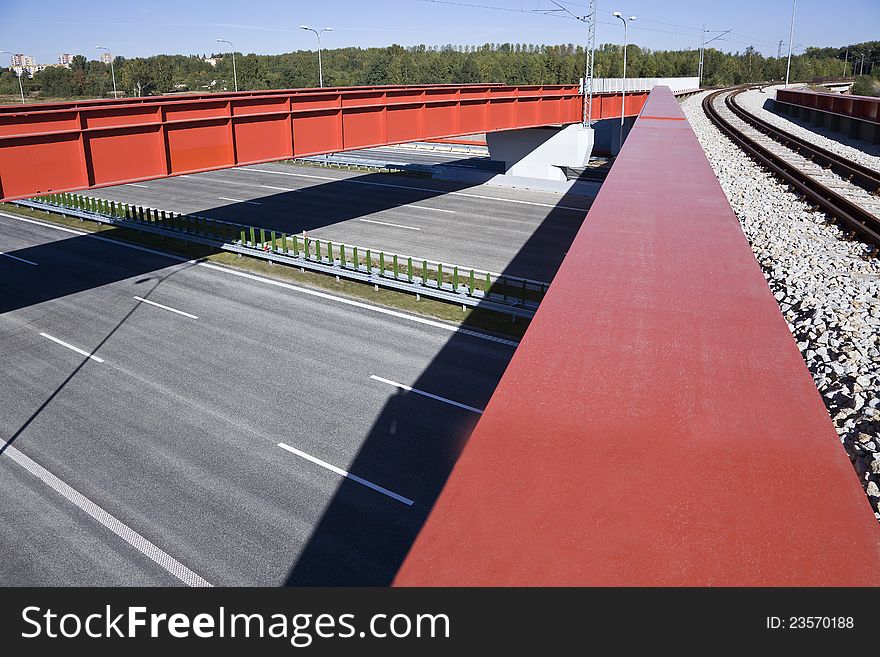 New railway bridge on a highway. New railway bridge on a highway