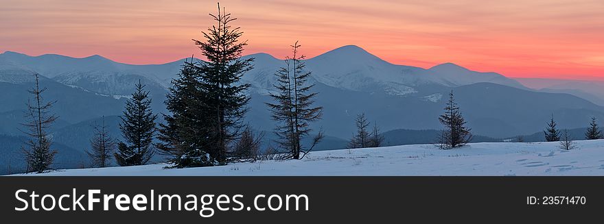 Winter landscape in the mountains at sunset with red sky. Ukraine, Carpathian Mountains, the ridge Chernogora. Winter landscape in the mountains at sunset with red sky. Ukraine, Carpathian Mountains, the ridge Chernogora