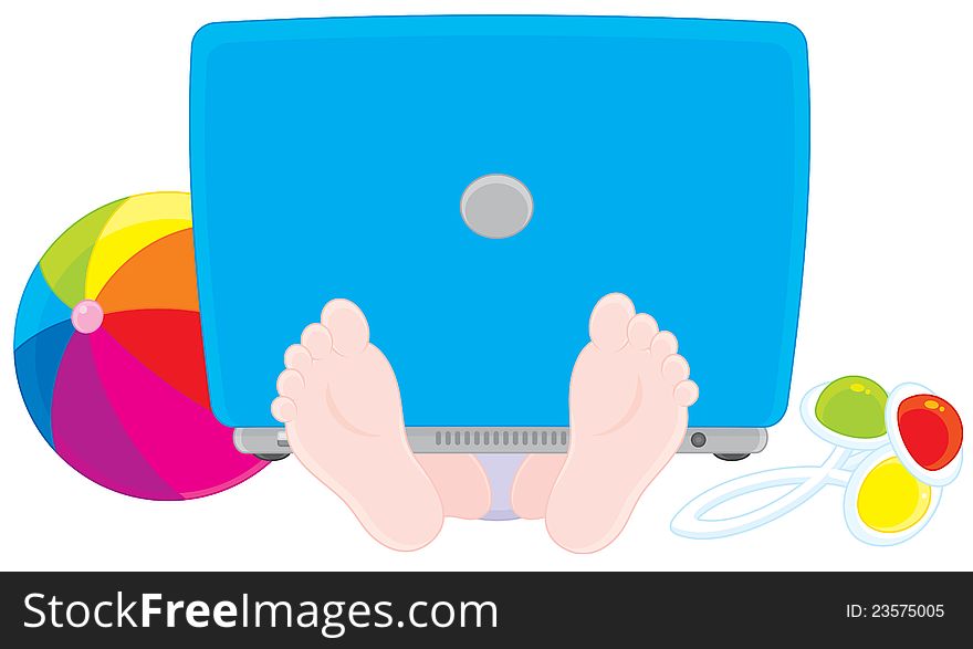 Vector clip-art illustration of a toddler sitting with a colorful ball, rattle and notebook computer on his lap. Vector clip-art illustration of a toddler sitting with a colorful ball, rattle and notebook computer on his lap