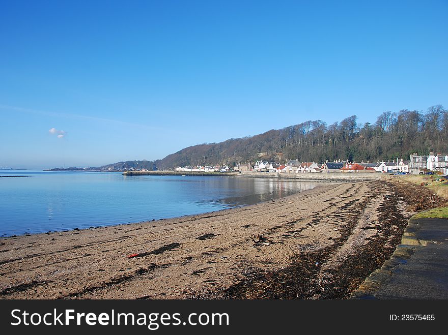 The view along the tranquil coastline at Limekilns in Fife. The view along the tranquil coastline at Limekilns in Fife