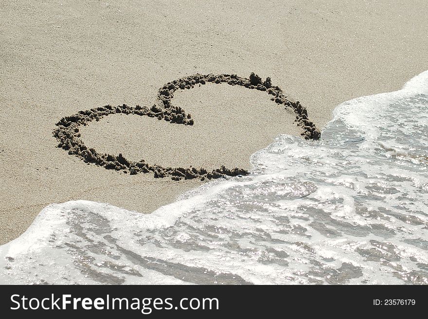 Handwritten heart on sand with wave approaching