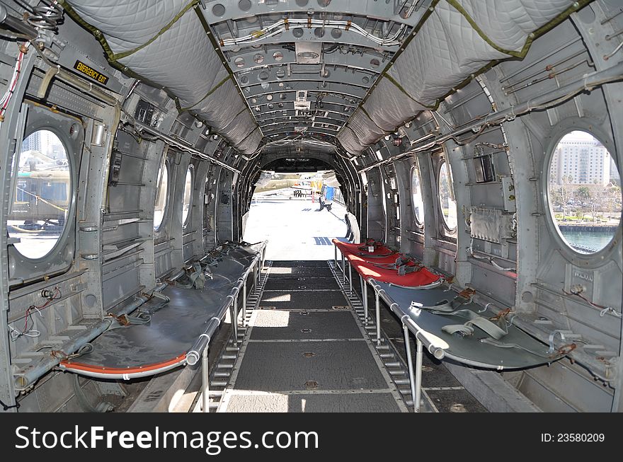 Seats inside of a huge military helicopter. Seats inside of a huge military helicopter