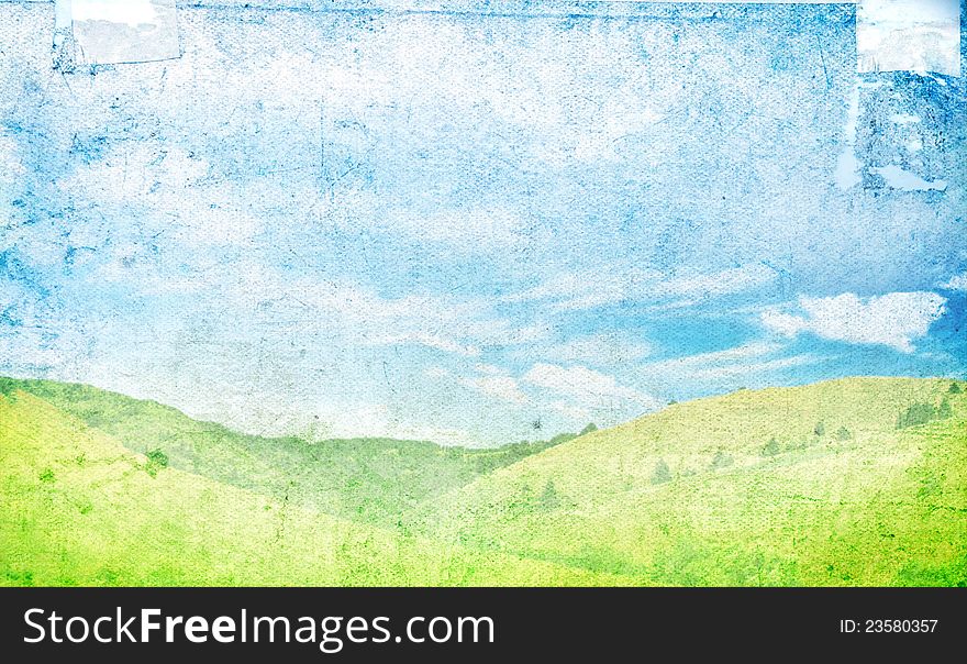 Grunge photo of spring field and blue sky. Grunge photo of spring field and blue sky