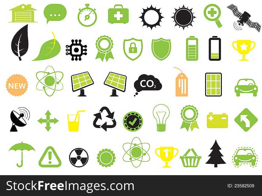 Green energy icons, concept of energy saving, ecology and technologies