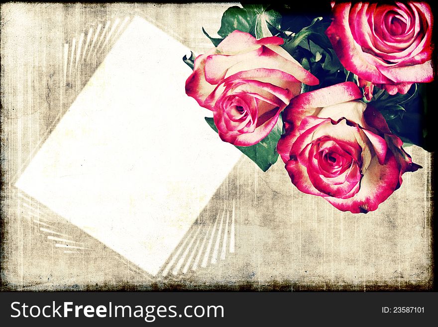 Roses on grunge background. Texture and color processing.