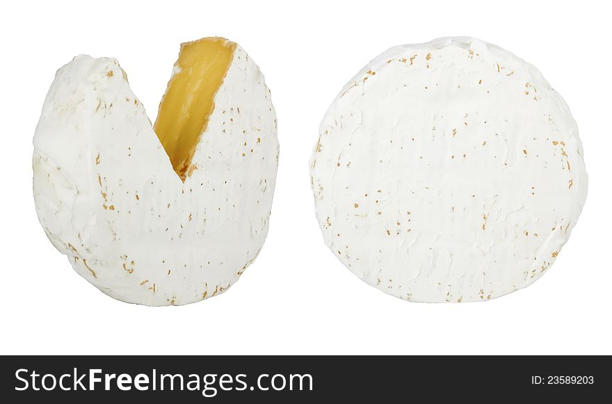 Round soft brie cheese section cut isolated on white background. Round soft brie cheese section cut isolated on white background