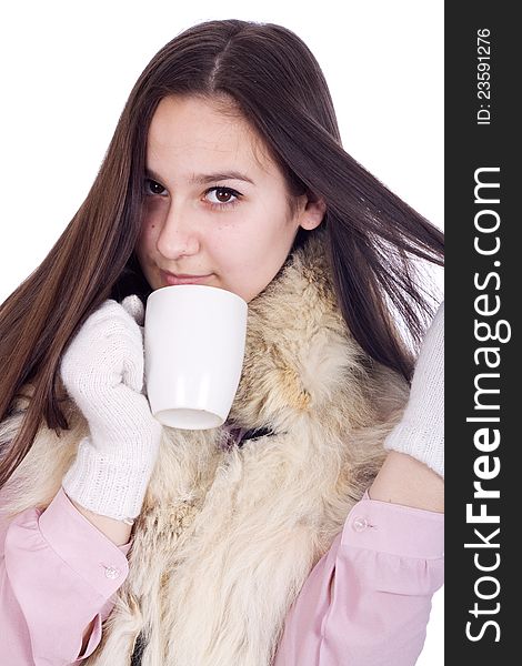 Girl with a cup of hot coffee or tea isolated