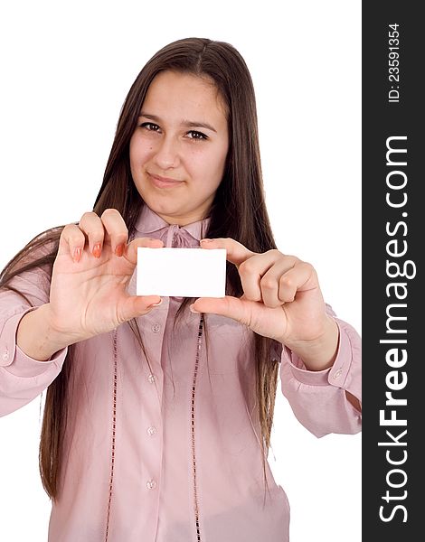 Girl with a piece of paper called an isolated white background. Girl with a piece of paper called an isolated white background