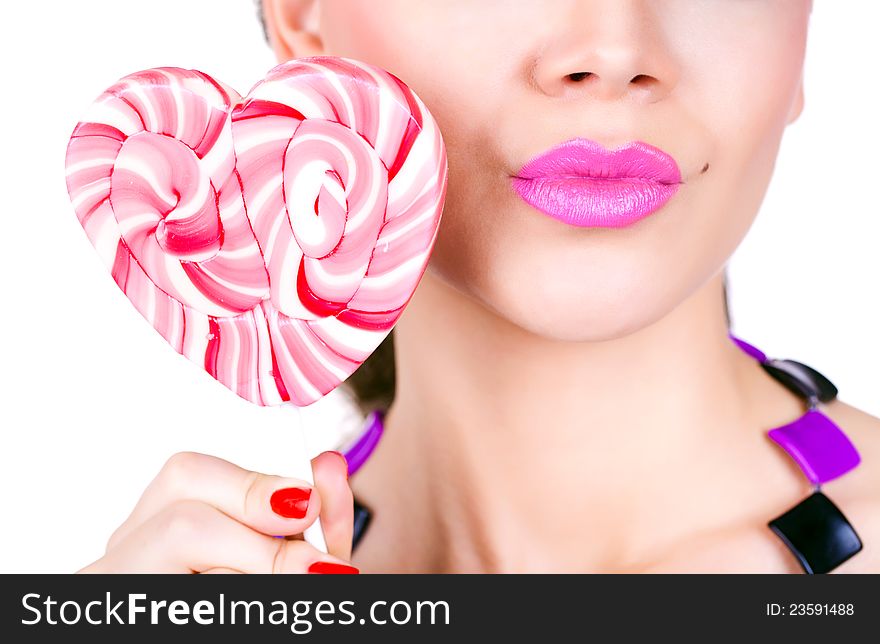 Glamourous Beautiful Woman Holding Lollipop