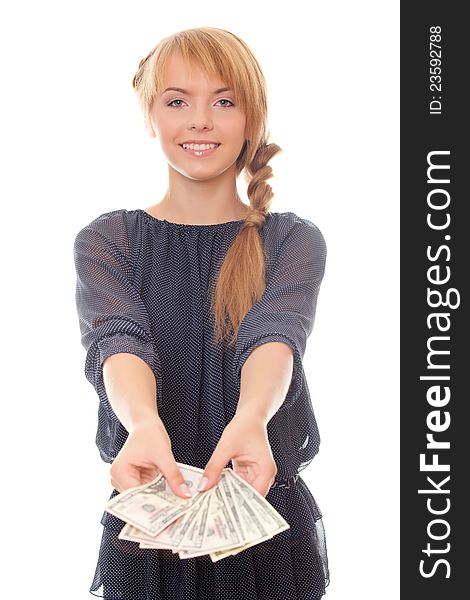 Young woman offers to take the money isolated on white background