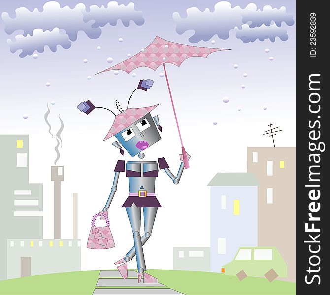 A female robot with umbrella, caricature