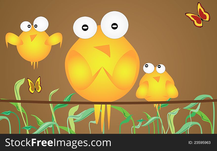 Three birds in spring theme- illustration. Three birds in spring theme- illustration.