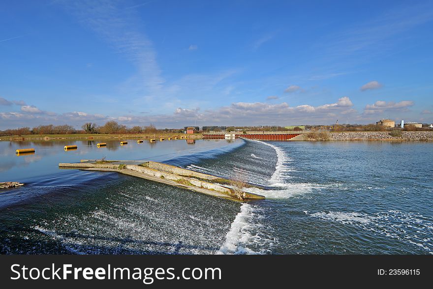 Weir and Barrier on the Jubilee Flood relief River in England. Weir and Barrier on the Jubilee Flood relief River in England