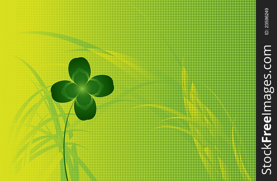 Illustration of a green four leaves clover on a green dotted background