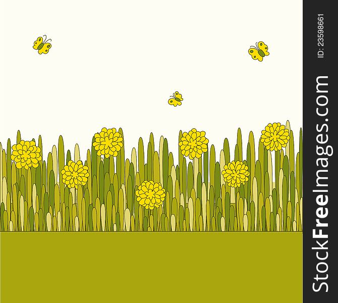 Vector background with yellow flowers and butterflies. Vector background with yellow flowers and butterflies