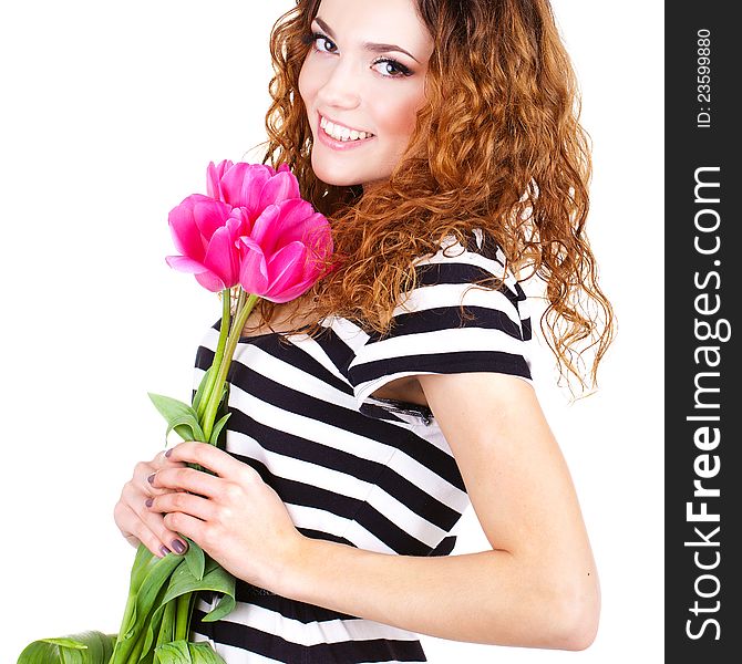 Beautiful woman with flowers and bags long fibers