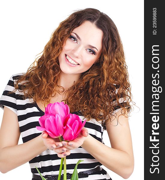 Beautiful woman with flowers and bags long fibers