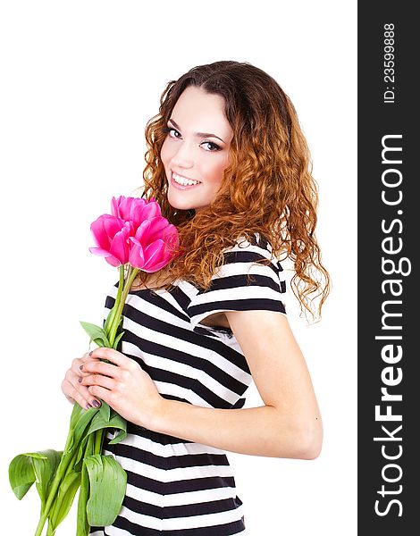 Beautiful Woman With Flowers And Bags