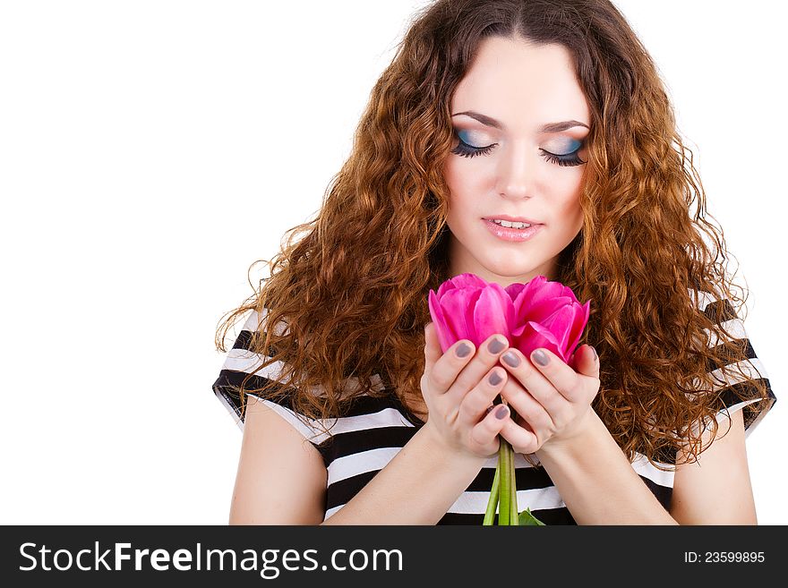 Beautiful woman with flowers and bags long fibers