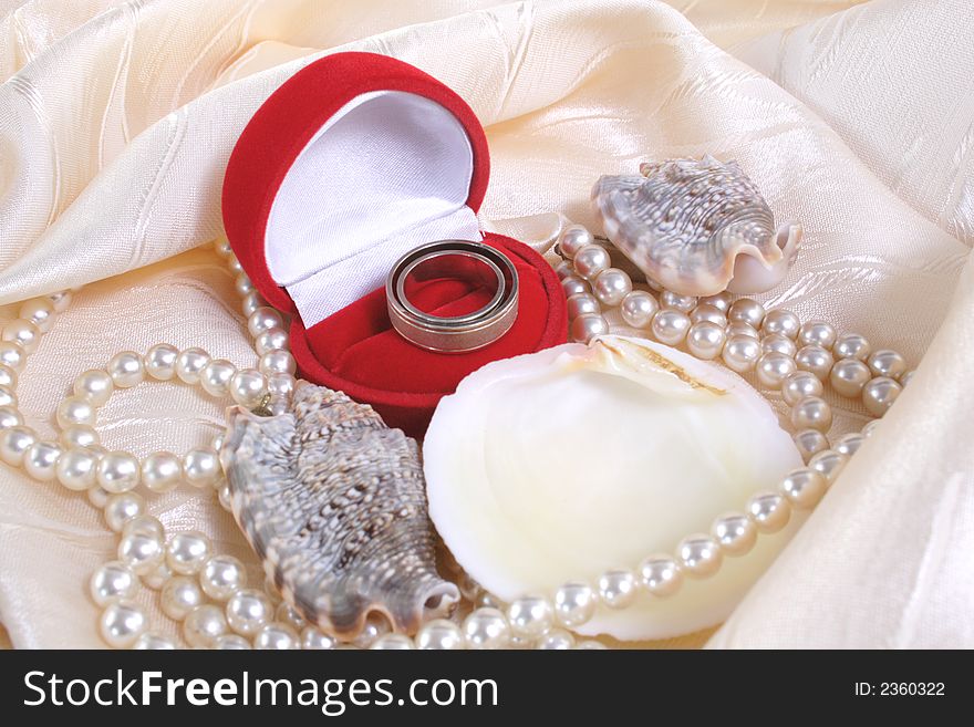 Wedding rings and string pearls and shells