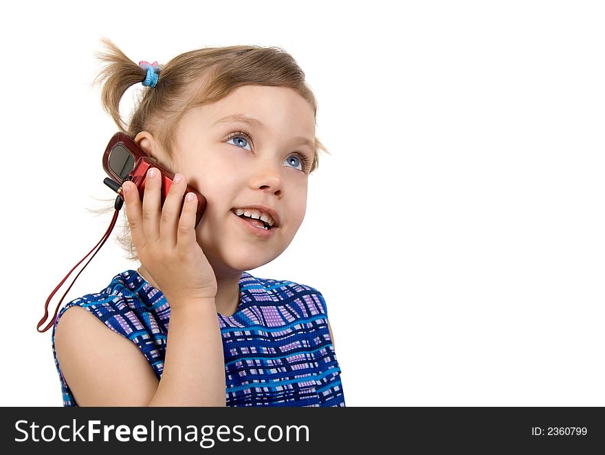 Calling to mom, pretty smiling girl talking at mobile phone, isolate on white