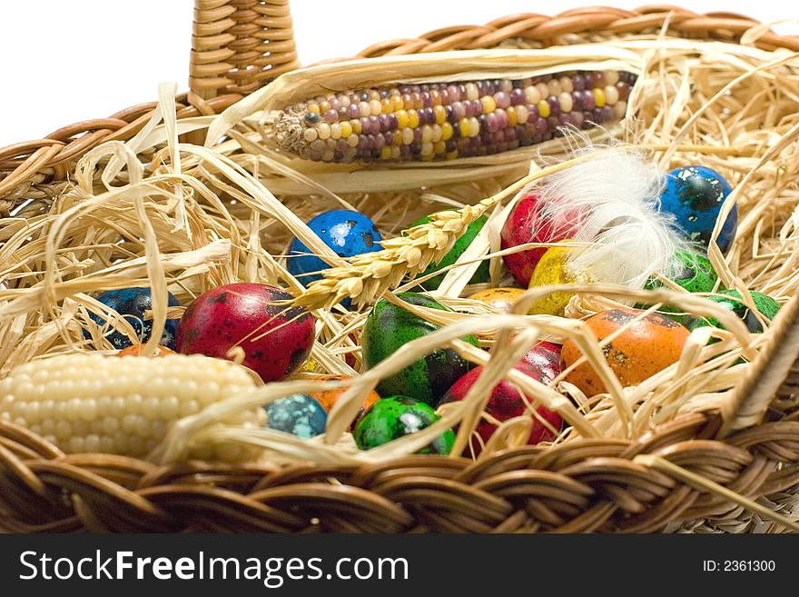 Easter eggs in straw nest in basket