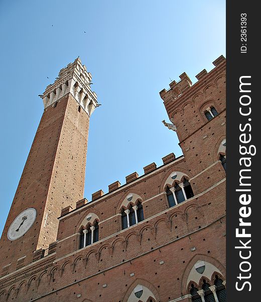 A view from  Piazza del Campo of the Palazzo Comunale and Torre del Mangia, Siena, Tuscany, Italy. A view from  Piazza del Campo of the Palazzo Comunale and Torre del Mangia, Siena, Tuscany, Italy