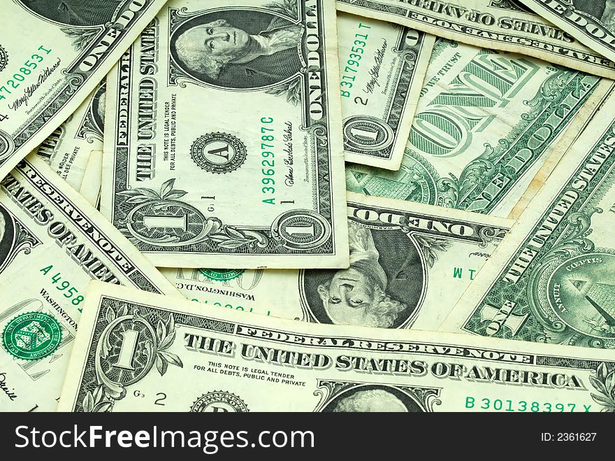 Many available paper banknotes of denomination one dollar. Many available paper banknotes of denomination one dollar