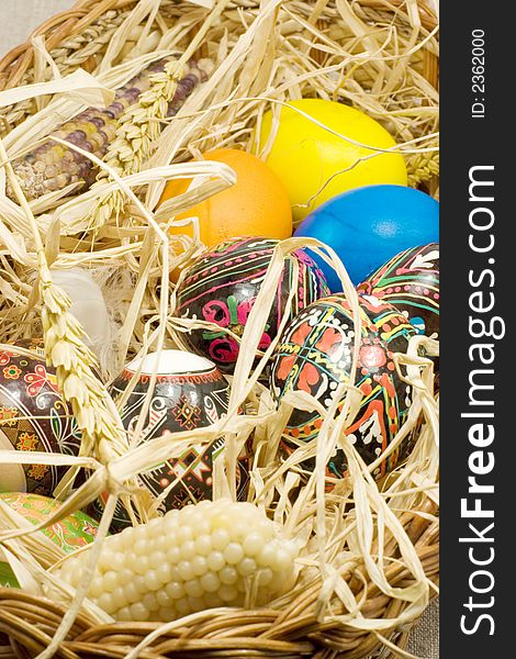 Easter eggs in straw nest in basket