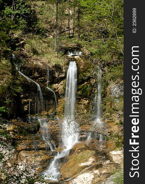 Forest waterfall in the Alps mountains. south Germany. Forest waterfall in the Alps mountains. south Germany.