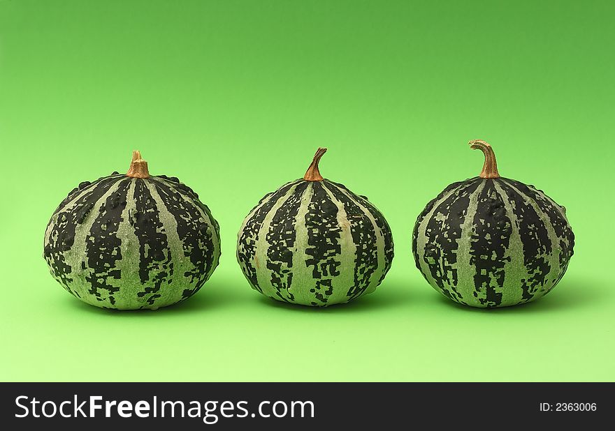 Three pumpkins on green background 1