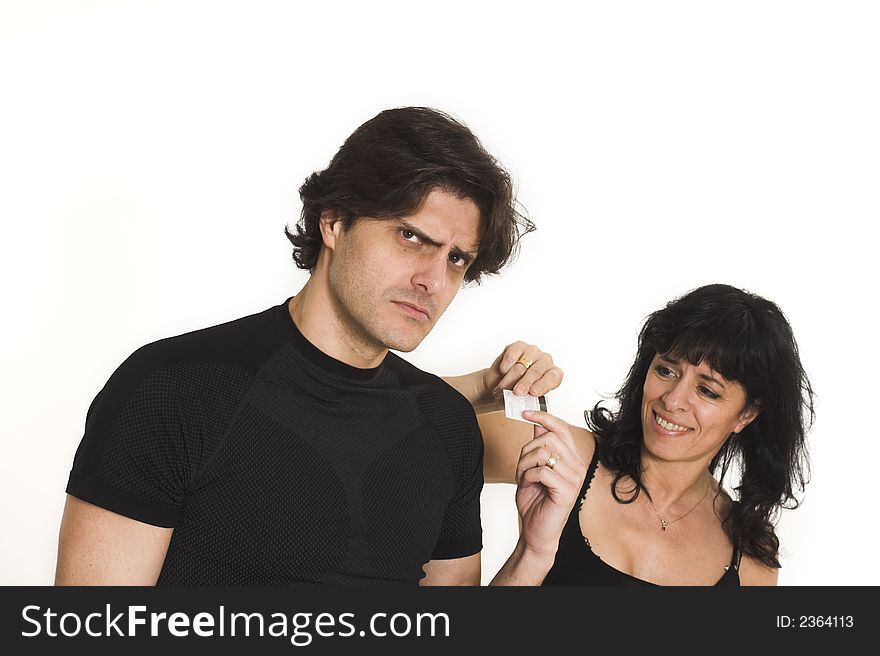 Woman taking money from man over white background. Woman taking money from man over white background