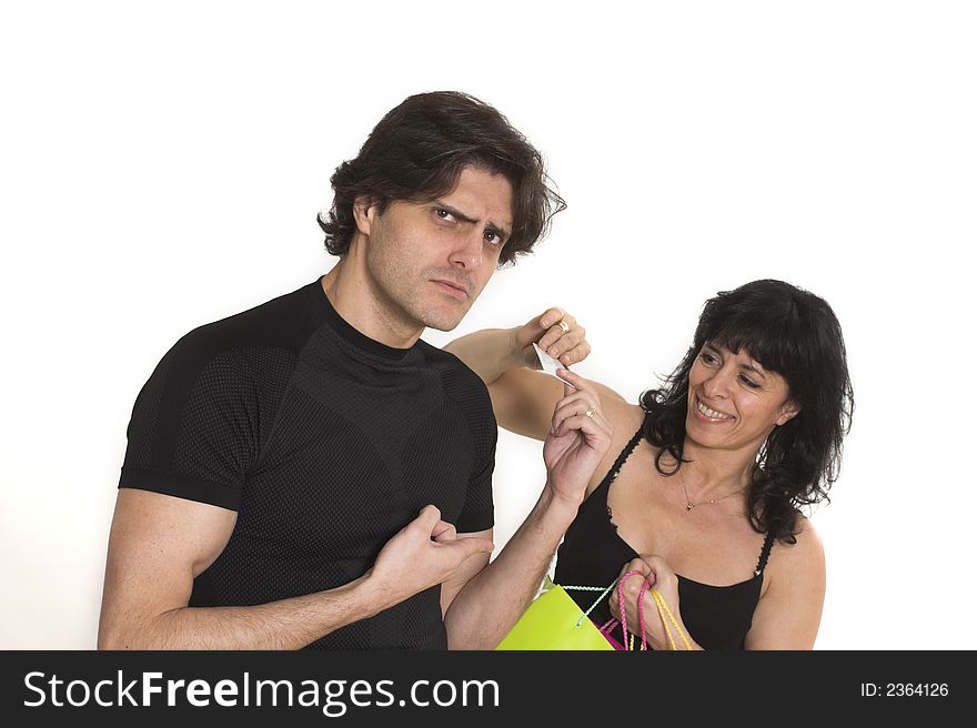 Woman taking money from man over white background. Woman taking money from man over white background