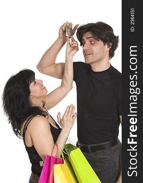 Woman taking money from man over white background. Woman taking money from man over white background