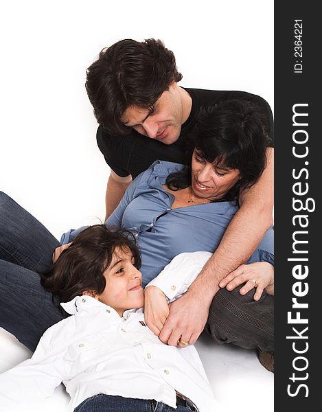 Happy family spending time together over white background. Happy family spending time together over white background