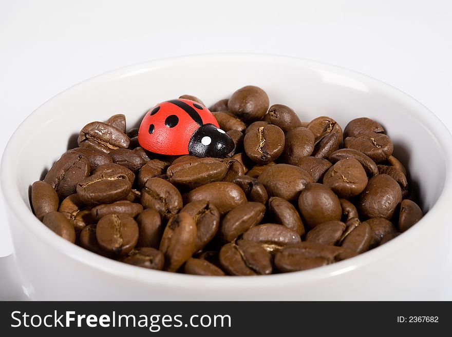 White mug, filled with good smelling coffeebeans on white background. Close-up with a wooden ladybug on the beans. White mug, filled with good smelling coffeebeans on white background. Close-up with a wooden ladybug on the beans.